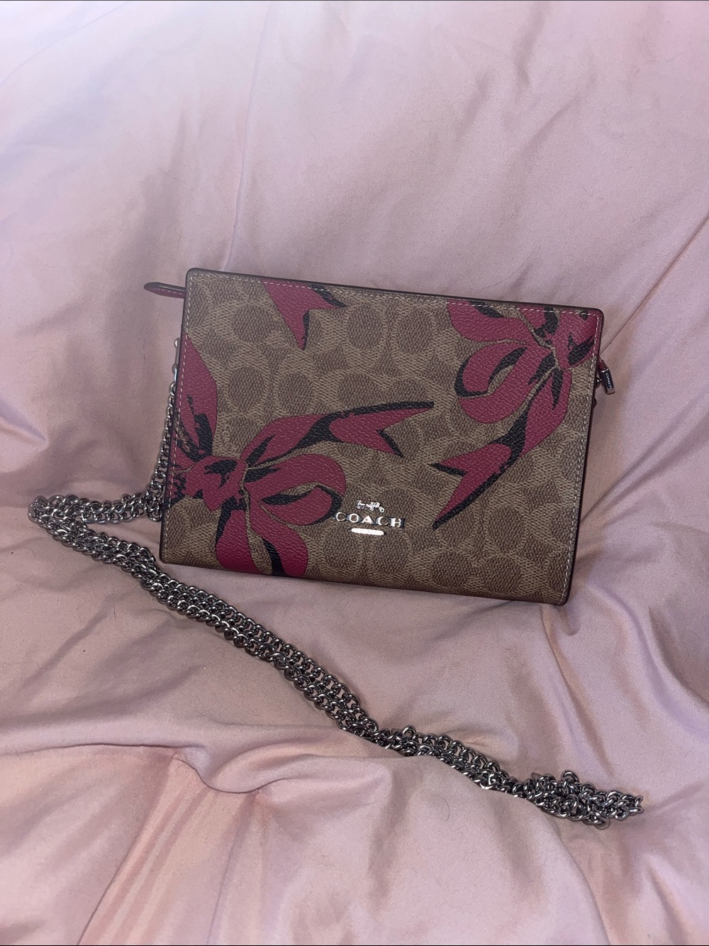 Coach Brown Signature Crossbody with Pink Floral Accents